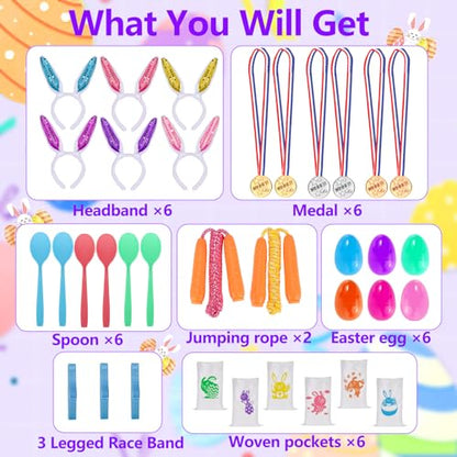 Atonofun 29 Pack Easter Games for Kids Outdoor, Potato Jumping Bags, Bunny Ears Headbands, Egg Spoon Relay Races, Legged Relay Race Bands for Easter Eggs Hunt Party Supplies