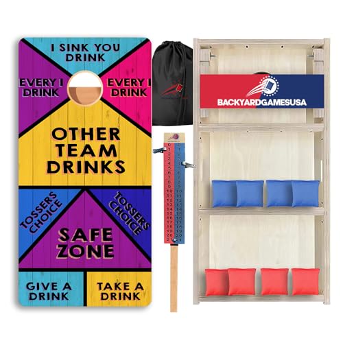 CornholeGamesUSA Pro Cornhole Boards Set | Made in USA | 3/4 Baltic Birch | No Bounce | Triple Thick Legs | Two Brace & Handles, Tournament 2x4 Regulation Set with Score Tower & Cornhole Bags - color: Bright Drinking Game