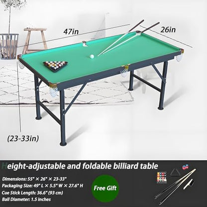 55" Foldable Billiard Table for Kids & Adults - Safe Anti-Collision Design, 330 Lbs Load Capacity, Includes Balls, Cues, Chalk & Brush - Portable Wooden Pool Table for Indoor Outdoor Use - size: 47inC