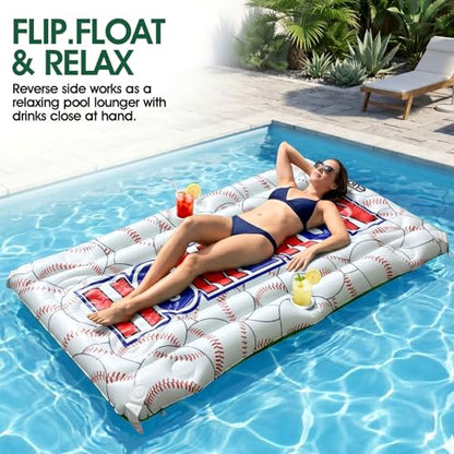 Baseball Pool Float & Inflatable beer Pong Table - 6ft Heavy Duty Reversible Ballpark Lounge for Adults, Complete Game Set for Pool Party, Lake & Backyard BBQ, Includes Balls, Cups, Pump, Stakes & Bag - color: Baseball