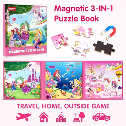 SYNARRY Unicorn Mermaid Princess Magnetic Puzzles for Toddlers 3-5 Girls, 20 Pieces Travel Puzzles for Kids Ages 4-6, Car Airplane Road Trip Activities Toys for 3 4 5 6 Year Old Girls Birthday Gifts - style: Princess Mermaid Unicorn