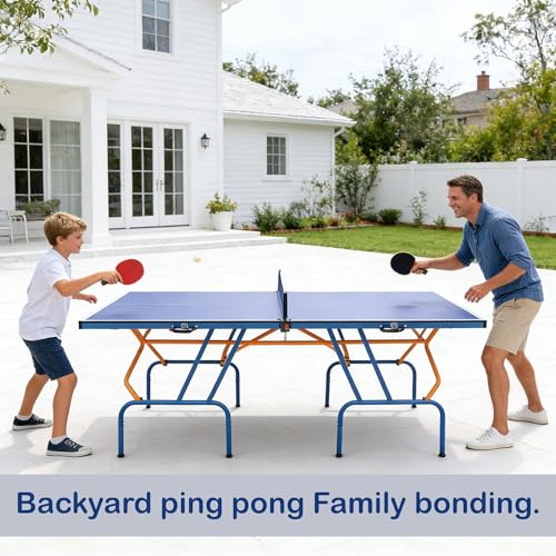 Generic Blue Folding Rolling Table Tennis Table Indoor and Outdoor Table Tennis Table, 2 Rackets, 3 Balls, 1 Net and 4 Wheels Set Behind It for Easy Movement
