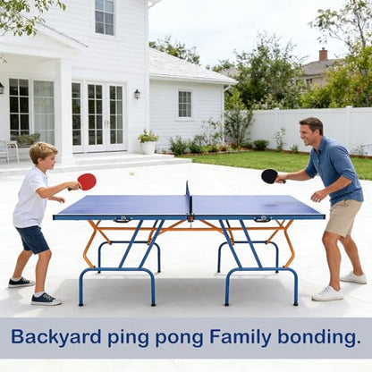 Generic Blue Folding Rolling Table Tennis Table Indoor and Outdoor Table Tennis Table, 2 Rackets, 3 Balls, 1 Net and 4 Wheels Set Behind It for Easy Movement