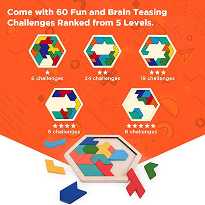 Vanmor Wooden Tangram Puzzle Brain Teaser for Kids Ages 3-8 & Adults, Shape Pattern Block Geometric Logic IQ Game with 60 Challenges, Montessori STEM Educational Gift Toy - color: Hexagon