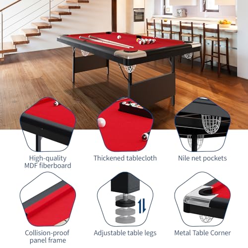 CuisinSmart 6-7 Ft Foldable Billiards Tables, Portable Pool Table, Billiards Tables for Adults Full Size, Outdoor Pool Table Includes Full Set of Balls, 2 Cue Sticks, Chalk and Felt Brush (Red, 7FT)