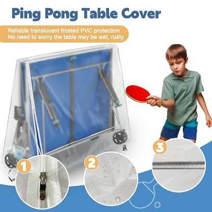 Ping Pong Table Cover for Indoor & Outdoor Folding Table Tennis Tables, Frosted Semi-Transparent PVC Table Protector, Waterproof, Side Zipper for Easy Fit, Fits 65''x28''x10''x69'' Tables