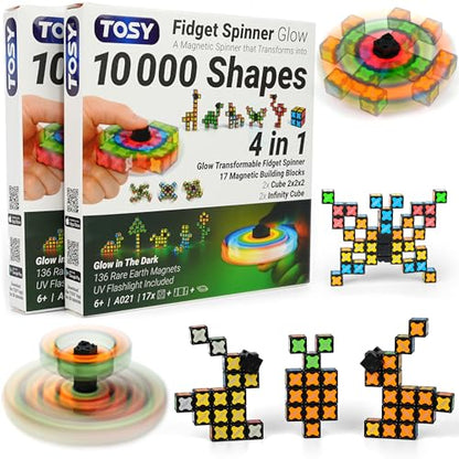 TOSY Magnet Fidget Spinner Glow - 16 Blocks, 3in1 Toy: Transformable Fidget Spinner, Infinity/Puzzle Cube, Easter Basket Stuffers Gift for Kids/Adults, Glowing STEM Sensory Stress Relief, 2-Pack - color: Glow B (Set of 2)