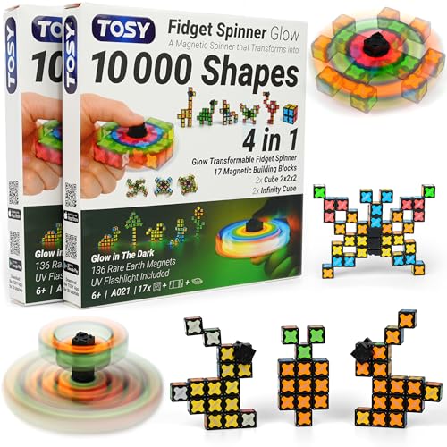TOSY Magnet Fidget Spinner Glow - 16 Blocks, 3in1 Toy: Transformable Fidget Spinner, Infinity/Puzzle Cube, Easter Basket Stuffers Gift for Kids/Adults, Glowing STEM Sensory Stress Relief, 2-Pack - color: Glow B (Set of 2)