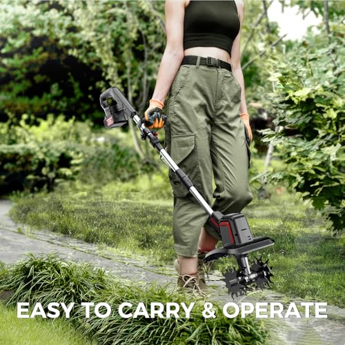 SOARFLY Upgraded Cordless Electric Tiller for Gardening, Total 8.0Ah Battery Powered Mini Cultivator with 2×4.0AH Batteries, 9" Width, 6.6" Depth, 48 Steel Tines Rototiller for Soil Cultivation