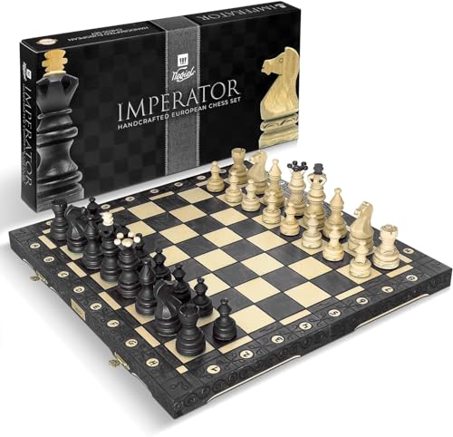 Wegiel Imperator 21-Inch Luxury Wooden Chess Set for Adults and Kids - Handcrafted from Premium Beech and Birch Wood - Unique Folding Design with Chess Piece Storage, Black,Imperator - Black - color: Imperator - Black