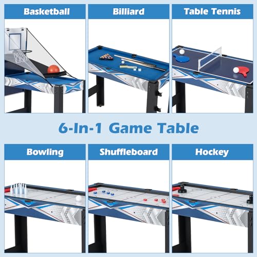 GLACER Multi Game Table, 6 in 1 Combo Pool Table w/Air Hockey, Billiards, Ping Pong, Basketball, Shuffleboard & Bowling, Foldable Design Game Table with Accessories for Home, Family Night