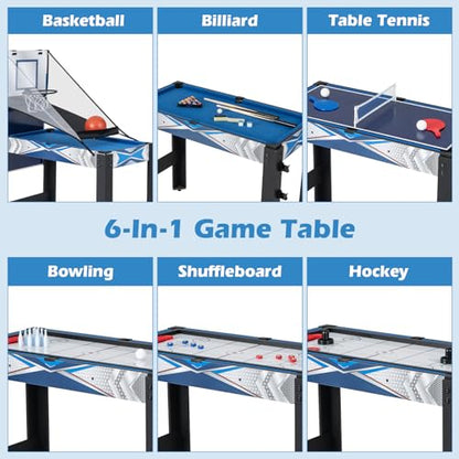 GLACER Multi Game Table, 6 in 1 Combo Pool Table w/Air Hockey, Billiards, Ping Pong, Basketball, Shuffleboard & Bowling, Foldable Design Game Table with Accessories for Home, Family Night