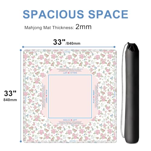 American Floral Mahjong Mat 33"x33", Large Non-Slip Noise Reducing Table Cover, HD Fade-Resistant Printed Mat with Beginner Game Rules & Carry Bag, Square Mat for Poker, Board, Card & All Tile Games - color: Pink-3