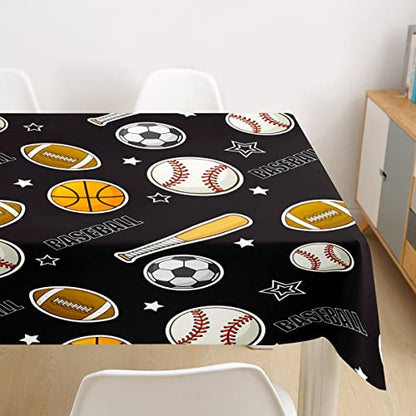 Baseball Football Tablecloths Kids Ball Games Sports Table Cloth Cartoon Rugby Star Bat Pattern Table Accessories for Teens Boys Men Room Decor Black Table Cover,55" Round