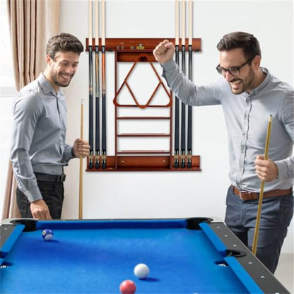 Brown Pine Wood Wall Mounted Billiard Cue Rack, Holds 8 Pool Cues and 16 Balls, Wall Mount Pool Stick Holder for Cue Balls Chalk, Game Room Decor, Billiard Accessories Storage Shelves for Wall