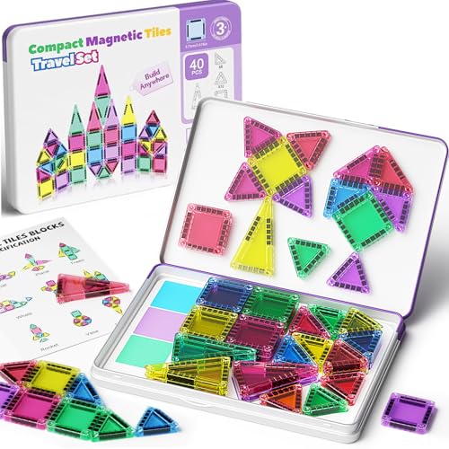 WMXDU Mini Magnetic Tiles, 40PCS Magnetic Building Blocks with Iron Box, Magnet Toys Travel Size On-The-Go Construction Set STEM Travel Toys for Boys and Girls Ages 3+ - style: Mini Magnetic Tiles
