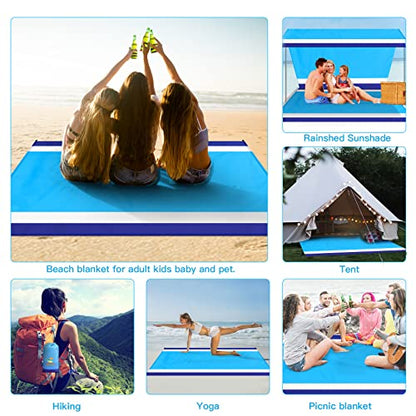 BYDOLL Beach Blanket Waterproof Sandproof Large Sand Free,78''X81''/10'X9' Oversized Sandless Lightweight Blanket Picnic Mat for Beach Travel Camping Hiking with Stakes - color: Blue White, size: 78"X81"