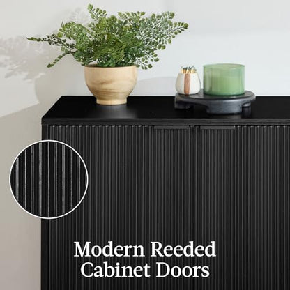 Best Choice Products 55" Modern 4-Door Sideboard Storage Cabinet, Buffet, Media Cabinet, Cupboard, Entryway Accent Table, Bookcase w/Reed Panels and Adjustable Shelves - Black - color: Black