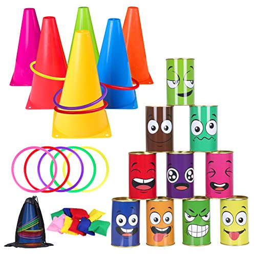 36PCS Carnival Games Combo Set 4 in 1 Bean Bag Toss Can Games Plastic Cone Ring Toss Game for Indoor Outdoor School Field Day Birthday Party Yard Game for Kids Adults