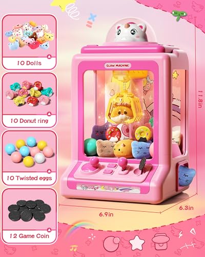 Claw Machine for Kids, Mini Vending Machine with Game Coins & Music, Prize Dispenser Toys for Girls and Boys, Electronic Claw Game Machine for Party Birthdays, Includes 30 Mini Toys - style: Pink Unicarns