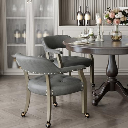 Set of 4 Dining Chair with Casters, Accent Captains Chairs with Wheels & Arms,Wheeled Roller Wood Chairs for Kitchen & Game Poker Table,Grey 1318GY(NO Table!) - color: Antique Grey&gray