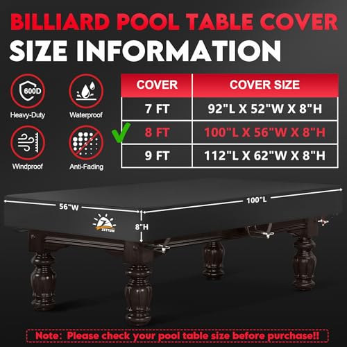 Zettum Pool Table Cover - Billiard Table Covers, 600D Waterproof Covers for Billiard Pool Table, Heavy Duty Scratched-Free UV Protection Snooker Furniture Table Cover - 8 Feet - size: 8FT - 100"L x 56"W x 8“H