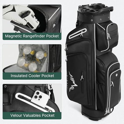 uniHimal T-Lock Golf Cart Bag with Quiet 14-Way Full-Length Divider Top | Golf Bag for Men with Magnetic Pocket, Cooler Pocket, Handle and Rain Cover - color: Black