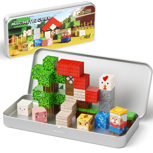 Mini Magnetic Blocks Farm Animals Travel Toys, 35PCS Portable STEM Magnetic Building Cubes with Metal Storage Box for Kids Ages 4-8, Road Trip & Airplane Essentials - style: Farm Animals Magnetic Building Blocks Travel Set Toys - 35PCS