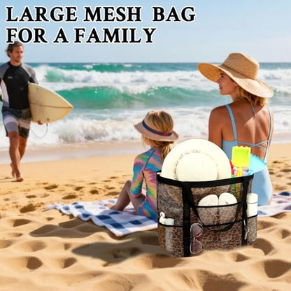 GYEUKHAM Mesh Beach Bag for Women, Sand-Resistant Pool Tote, 9 Pockets (1 Inner Zip), Foldable Family Travel Essentials - color: L-leopard