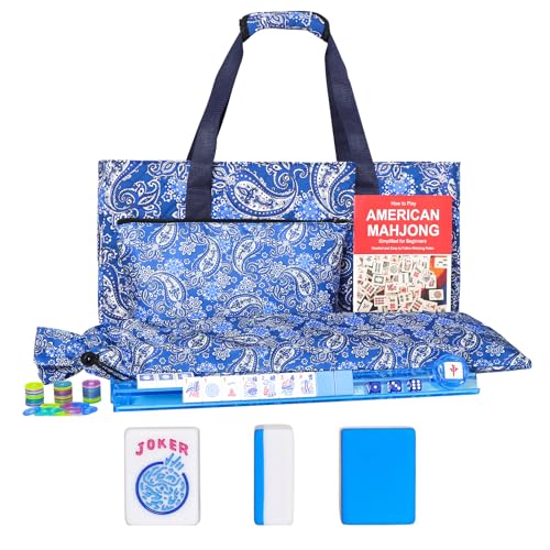 American Mahjong Game Set, 166 Blue Tiles (1.2”), 4 All-in-One Color Rack/Pushers & Drawstring Bag, Complete Mahjong Sets with Blue Printed Carrying Bag and Mahjong Tile Set Accessories - color: Blue