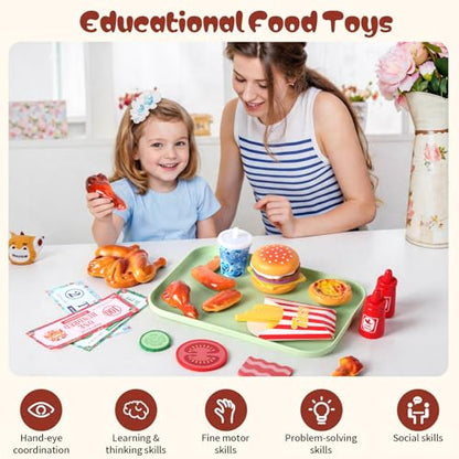 Wooden Play Food for Kids Kitchen Set with 10 Stacking Challenge Cards, 40+ Pcs Fake Fast Food Hamburger Toy with Roast Chicken & Play Money, Pretend Play Toys Birthday Gift for Toddlers Age 2-6