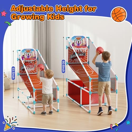 2 in 1 Kids Arcade Basketball Hoop &Soccer Goal,LED Lights Electronic Scoreboard, Adjustable Height Basketball Game Set,Indoor Outdoor Sport Toys Gift Toddlers Boys Girls Ages 3-12 Home Party
