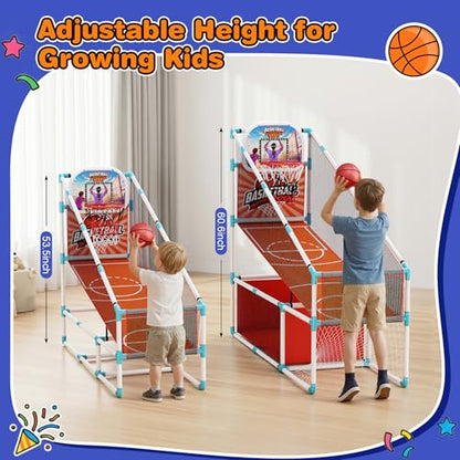 2 in 1 Kids Arcade Basketball Hoop &Soccer Goal,LED Lights Electronic Scoreboard, Adjustable Height Basketball Game Set,Indoor Outdoor Sport Toys Gift Toddlers Boys Girls Ages 3-12 Home Party