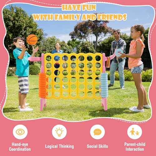 KOTEK Giant 4-in-a-Row Game, Jumbo 4-to-Score Family Game w/Quick-Release Sliders, 42 Rings, Ring Toss & Basketball Hoop, Connect Yard Games Outdoor for Kids & Adults (with Carrying Bag,Pink)