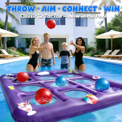 EPN Pool Games for Kids and Adults, 56” x 54” Inflatable Floating Tic Tac Toe Toss Game with 10 Balls, 2-in-1 Pool & Lawn Water Sprinkler Toy, Summer Pool Party Accessories for Backyard Fun, Purple