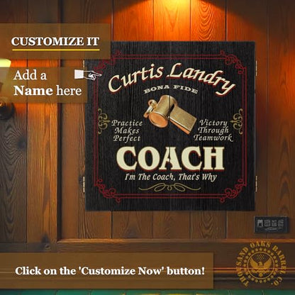 THOUSAND OAKS BARREL CO. Personalized Coach Dartboard - Imprinted Dart Board Cabinet for Office - Dartboard Cabinet Set with Scoreboard, 6 Steel Tip Darts, Chalk & Eraser (21.5" x 21" x 2.125") - style: Coach Dartboard & Cabinet Set
