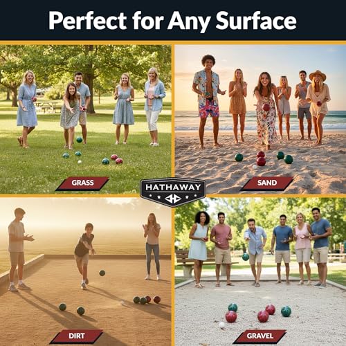 Hathaway Bocce Ball Set - Includes 8 3.5" Resin Bocce Balls, a 1.5" Pallino Ball, Official Rule Book, & Nylon Carrying Bag - Basic Bocce Ball Game Set for Beach Outings, Backyards, & More