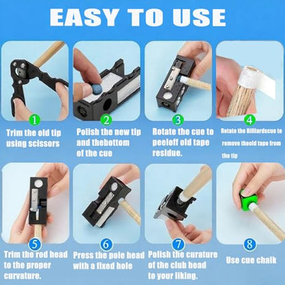 11-in-1 Pool Cue Tip Shaper, 14pcs Pool Cue Tips Replacement and Repair Kit, Pool Table Accessories for Replacement and Shaping Cue Tips ,Professional Cue Stick Tool Kit for Billiards Enthusiastsm