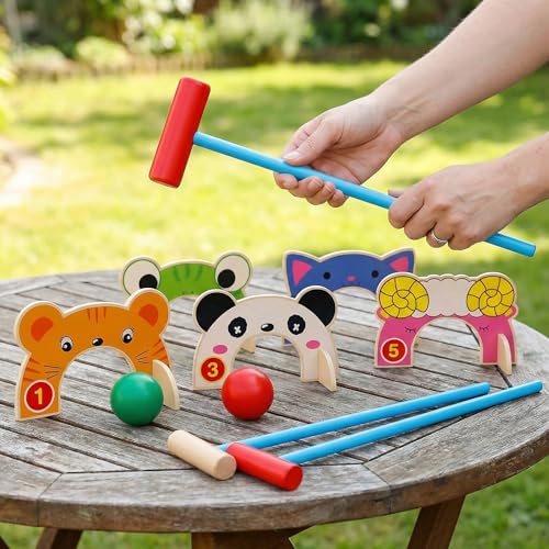 Toddmomy Animal Wooden Croquet Set for Kids - Complete Family Indoor Outdoor Game with 5 Animal Wickets & 2 Mallets - Safe Educational Learning Toy & Gift for Toddlers Boys Girls 3-6