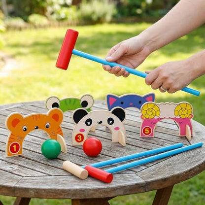 Toddmomy Animal Wooden Croquet Set for Kids - Complete Family Indoor Outdoor Game with 5 Animal Wickets & 2 Mallets - Safe Educational Learning Toy & Gift for Toddlers Boys Girls 3-6