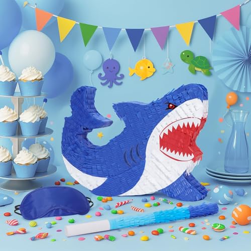 WERNNSAI Shark Piñata - Ocean Shark Birthday Party Decorations Kids Boys Piñata with Blindfold and Bat for Under the Sea Party Supplies Baby Shower Birthday Game Set - style: Shark
