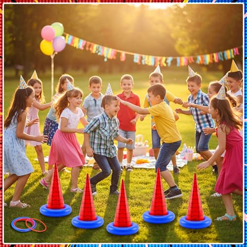 Thenshop 16 Pcs Spider Theme Inflatable Ring Toss Game Set Includes 5 Inflatable Cones 10 Plastic Rings and 1 Pump Spider Birthday Party Toss Game for Indoor Outdoor Lawn Yard Garden Party Supplies