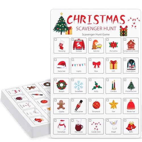 Hoolerry 30 Pcs Scavenger Hunt for Kids Road Trip Game Car Spring Summer Wedding Scavenger Hunt Cards Travel Activities Camping Games Outdoor Indoor Seek Activity for Kids Adults (Christmas) - style: Christmas