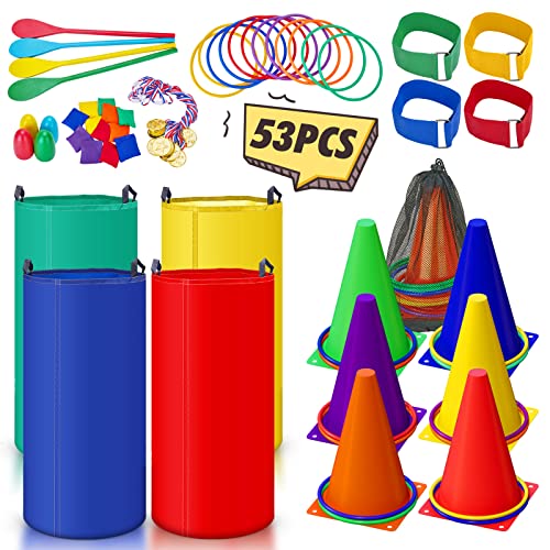 53PCS Outdoor Lawn Carnival Games Bean Bags Ring Toss Set Potato Sack Race Bags Egg and Spoon Race Party for Kid Adult Family，Birthday Party Family Reunion Outside Field Day Games Easter - color: 53PCS