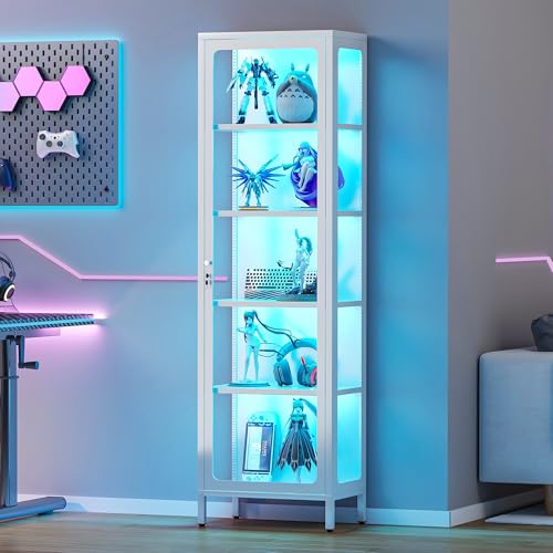 69" Glass Display Cabinet with Lock & 13-Color LED Lights, 5-Tier Locking Metal Cabinet with Adjustable Shelves, Secure Showcase for Collectibles, Action Figures, Trophies (White) - color: White | 3-sided Display, size: 19.7"W (50cm)