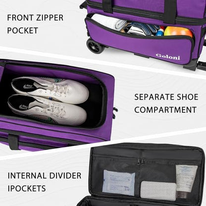 Goloni Double Roller 2 Ball Bowling Bag with Separate Shoe Compartment,2 Ball Bowling Bag with Wheels,Retractable Handle Extends to 40" - color: Purple