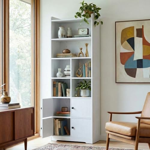 IRONCK Bookshelf with Doors, Book Shelf with Storage Shelves, 74.6 in Tall Bookcase for Home Office, Living Room, Bedroom, White - color: White