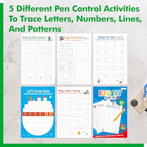 Pen Control & Tracing Activity Pad, 80 Tear-off Sheets Alphabet & Number Handwriting Practice Notepad for Kids, Letters A-Z/Numbers1-20/Patterns Tracing Workbook for Plane, Car Travel, Road Trip - style: Pen Control Activity Pad