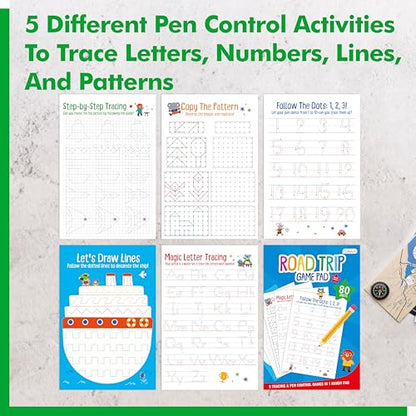 Pen Control & Tracing Activity Pad, 80 Tear-off Sheets Alphabet & Number Handwriting Practice Notepad for Kids, Letters A-Z/Numbers1-20/Patterns Tracing Workbook for Plane, Car Travel, Road Trip - style: Pen Control Activity Pad
