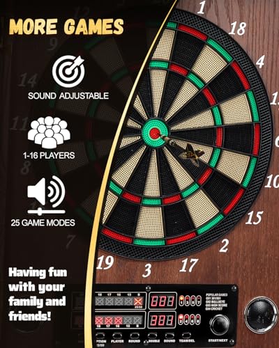 Electronic Dart Board, Decorative Dart Board Cabinet Set for Adults [12*Bronze Soft Tip Darts] [Cricket Game Mode]- Wooden Electric Dartboard Cabinet for Family Game Rooms - style: COFFEE